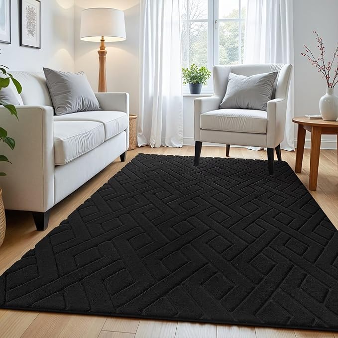 Macgace Ultra Soft Black Area Rug for Bedroom, 4x6 Modern Geometric Shag Rugs with Nonslip Backing for Living Room, Washable Fuzzy Carpet for Cozy Kids Room Nursery