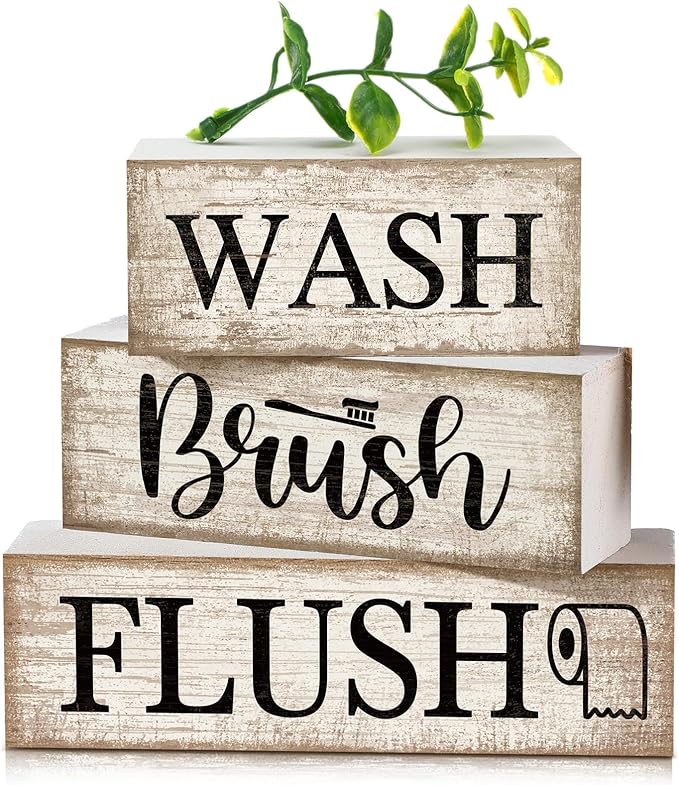 Moucuny 4 Pcs Farmhouse Table Decor Bathroom Wooden Signs Rustic Eucalyptus Leaves Wooden Block Sign Gift Wash Brush Flush Farmhouse Table Centerpiece for Living Room Housewarming Gift