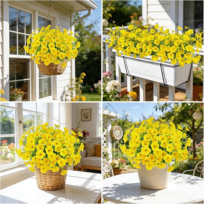 Ouddy Decor 24 Bundles Artificial Flowers for Outdoors, Fake Petunias Flowers Silk Morning Glory with Eucalyptus Faux Plants for Indoor Outside Spring Summer Yard Garden Porch Home Decor, Yellow