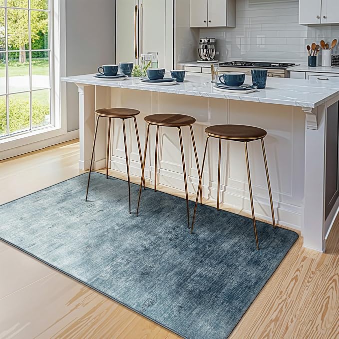3x5 Washable Area Rug, Blue Solid Area Rugs for Living Room & Bedroom | Stain-resistant & Non-slip backing,Low Pile Washable Large Carpet, Solid Vintage Style For High Traffic Areas(3x5,Blue)