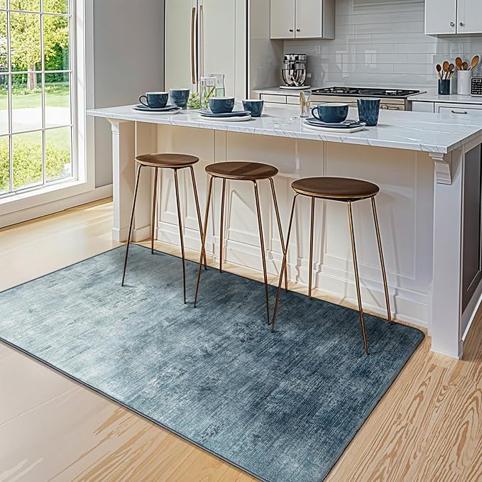 4x6 Washable Area Rug, Blue Solid Area Rugs for Living Room & Bedroom | Stain-resistant & Non-slip backing,Low Pile Washable Large Carpet, Solid Vintage Style For High Traffic Areas(4x6,Blue)