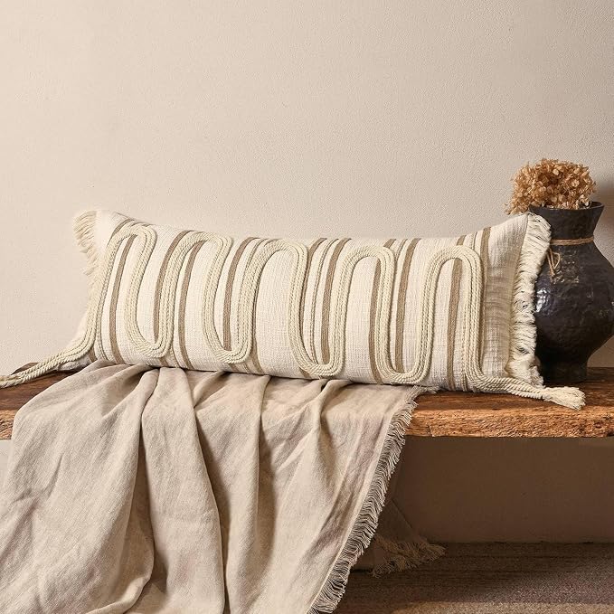 Beige Boho Lumbar Pillow Cover 14x36 with Handmade Drawn Work | Modern Farmhouse Long Lumbar Decorative Pillows Cushion Case for Bed Couch Accent Decor