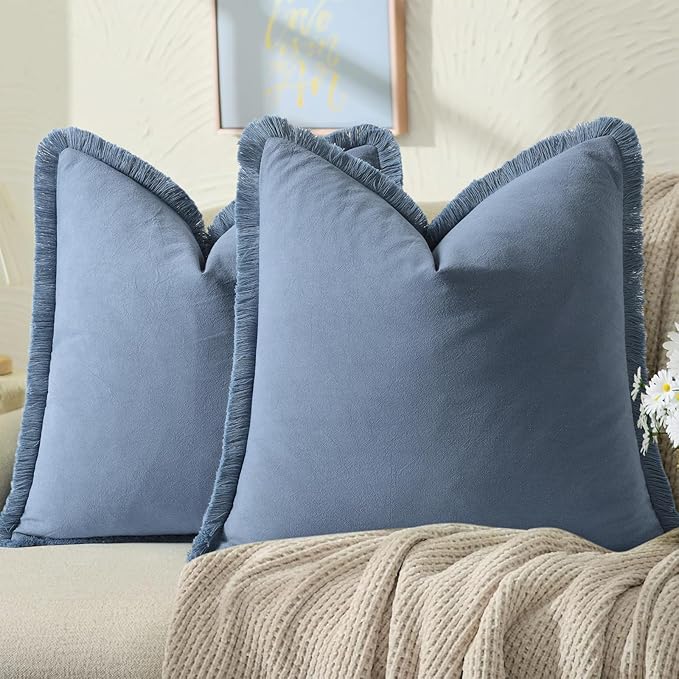 ZWJD Pillow Covers 22x22 Set of 2 Blue Throw Pillow Covers with Fringe Chic Cotton Decorative Pillows Square Cushion Covers for Sofa Couch Bed Living Room Farmhouse Boho Decor
