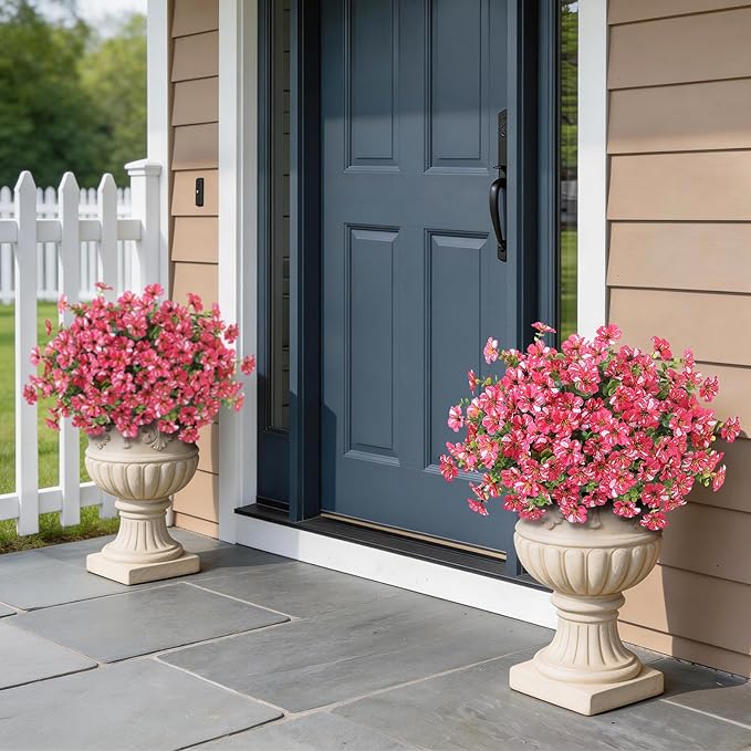 Artificial Morning Glory & Eucalyptus Topiary Trees - Set of 2 Faux Silk Flower Potted Plants, UV-Resistant Fake Outdoor Morning Glory Bushes for Front Door, Yard, Farmhouse, Garden Decor (Rose Red)