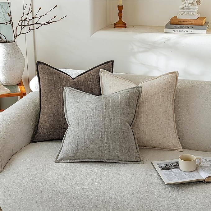 a moment Linen Pillow Covers Set of 2,Boho Farmhouse Throw Pillowcases Neutral Textured Decorative Covers for Couch Sofa,Soft Linen Blend Accent Case Cushion Home Decor 22"x22"Coco Brown