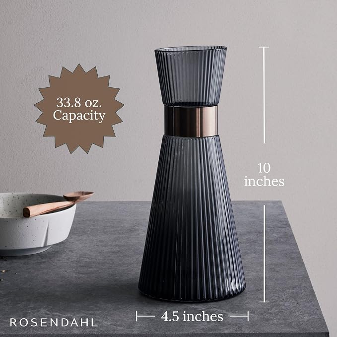 Rosendahl Grand Cru Nouveau 33.8 oz. Water Carafe - Elegant Smoke-Colored Mouth Blown Glass with Patinated Steel Accents, Dishwasher Safe - Stylish & Functional Design for Modern Living