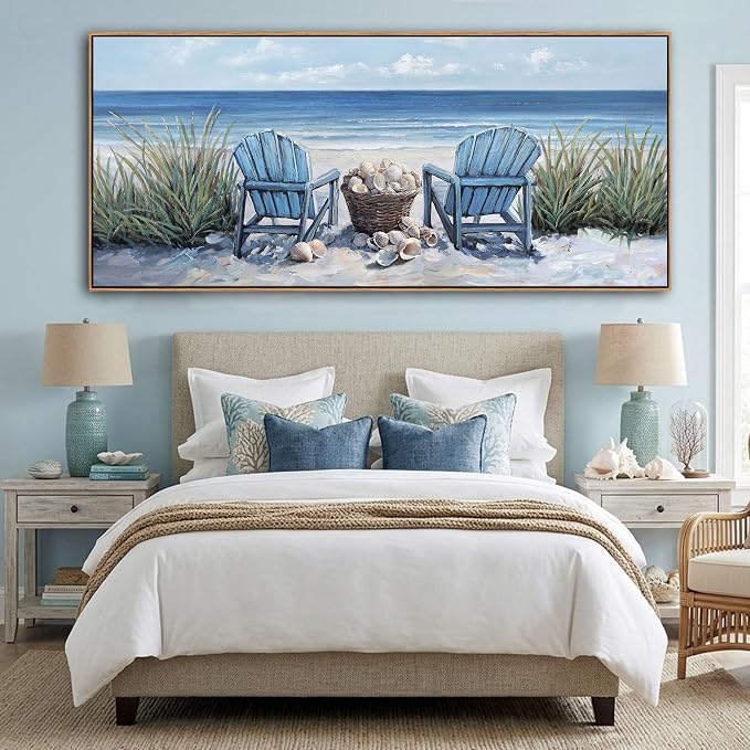 HGUAOA Coastal Wall Art - Large Landscape Wall Pictures for Living Room, Bedroom Pictures, Ocean Beach Artwork, Blue Above Bed Decor, Coastal Landscape Wall Art,Framed Beach Pinting