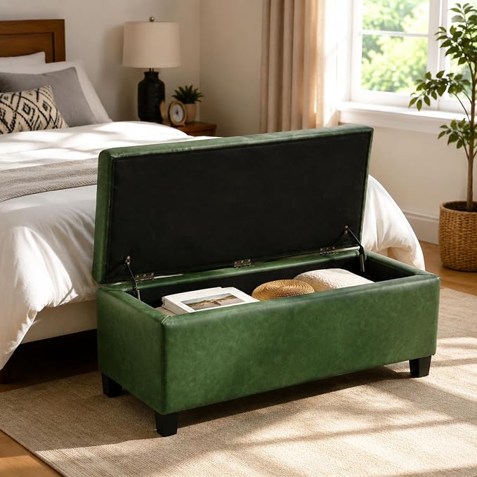 Christopher Knight Home Vayne Storage Ottoman Bench With Flip-Top Lid, PU Upholstered Ottoman with Storage, Wooden Bedroom End of Bed Bench with Storage, Comfy Living Room Sofa Extra Seat, Green+Black