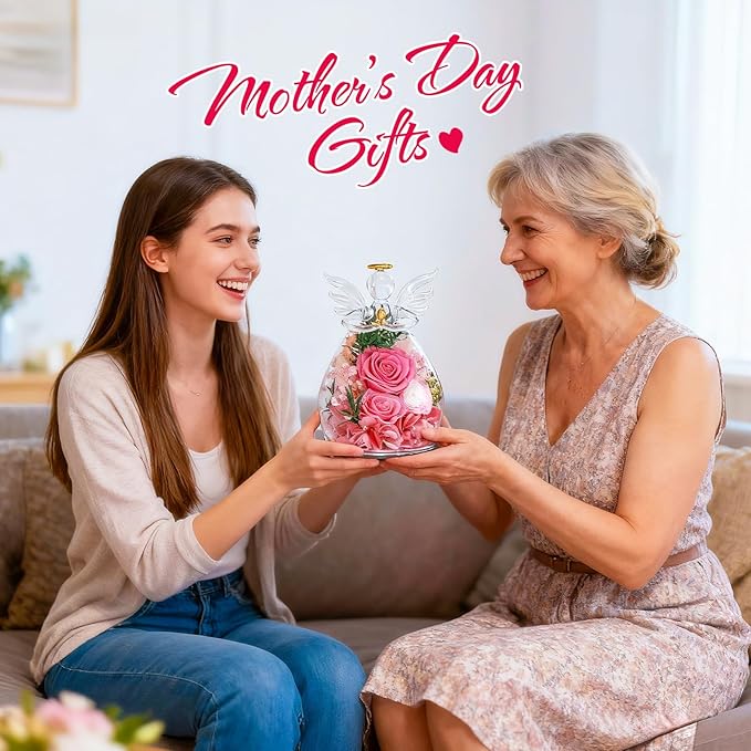 Gifts for Women Preserved Rose Forever Flower Eternal Roses in Glass Angel Figurines Fresh Flowers for Delivery Prime Mothers Day Birthday Gift for Mom Grandma Wife on Valentines Day Anniversary