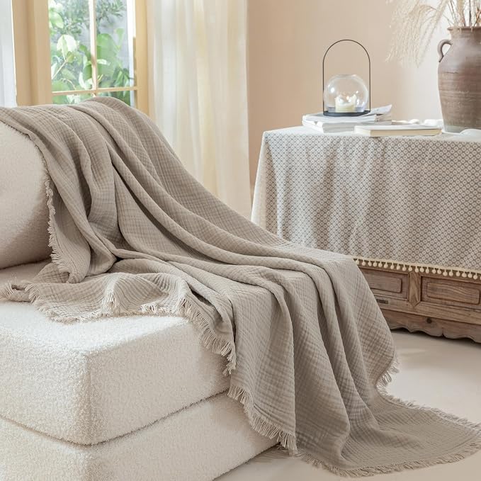 Muslin Fringe Blankets for Adults: 100% Cotton Cloud Soft | 4-Layer Gauze Breathable Lightweight All Season Throw Blanket for Bed Couch Sofa Office