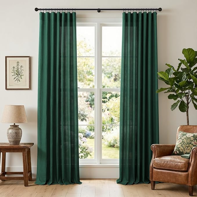 Dark Green Curtains 108 Inches Long for Living Room 2 Panels Back Tab Pocket Semi Sheer Linen Deep Hunter Forest Curtains for Patio Door Aesthetic Academia Decor Christmas Background Cortinas Verdes