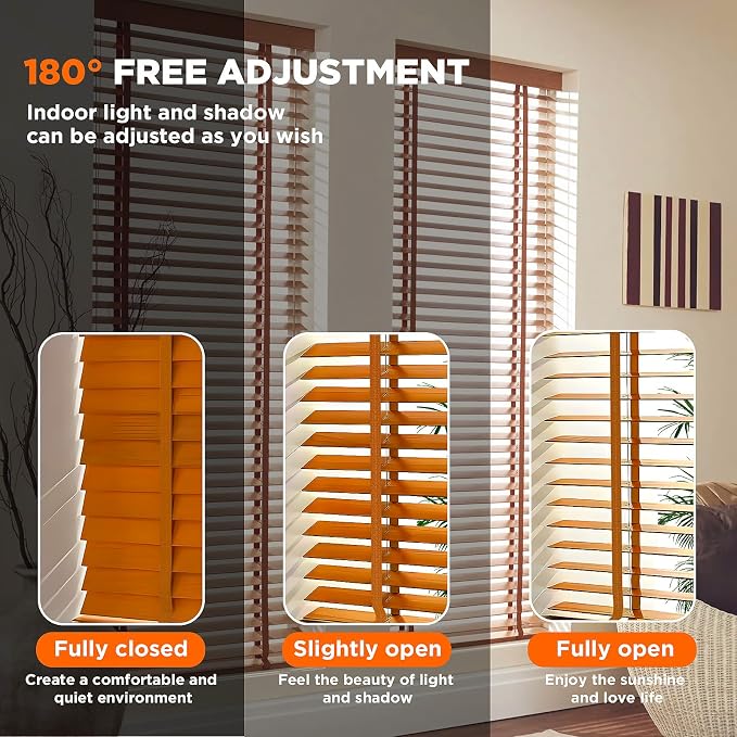 2" Slats Wood Blinds for Indoor Windows: Wooden Blackout Blinds & Shades,Black Out Privacy Horizontal Blinds for Home Bedroom Bathroom Living Room Windows Lingt Brown 29.5" WX 64" H