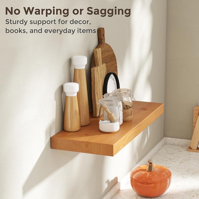 Axeman 24 Inch Floating Shelves for Wall, 9.3" Deep High End Solid Real Wood Wall Shelves with Heavy Duty Invisible Bracket for Living Room, Bedroom, Kitchen, Bathroom, Set of 2, Natural