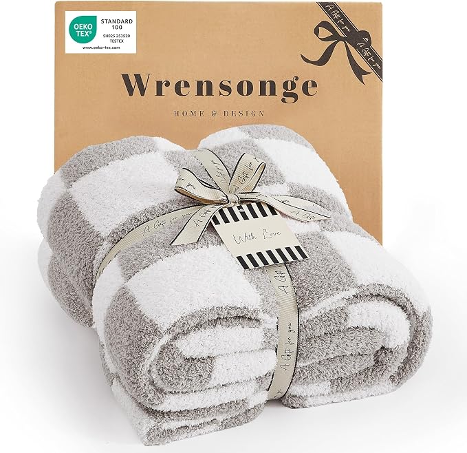 WRENSONGE Soft Checkered Throw Blanket for Couch-Cozy Warm Knitted Blankets | Lightweight Warm Fluffy Decor for Women, Mom, Her & Girls, Sofa, Chair, Bed, 50x70in,Light Grey