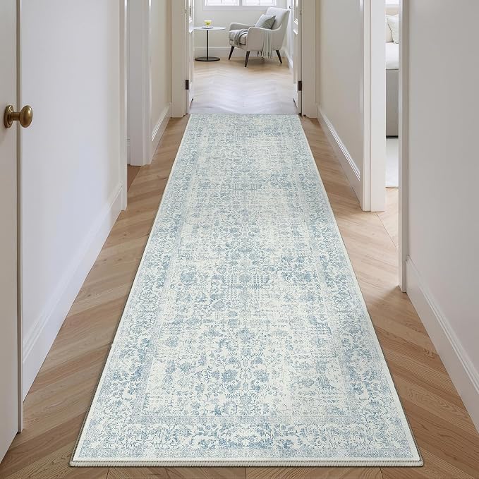 PureCozy Blue Runner Rug 2x8 Hallway Machine Washable Kitchen Vintage Distressed Non Slip Long Carpet Indoor Retro Floral Bedroom Accent Throw Rug for Bathroom Office Laundry Dining Room