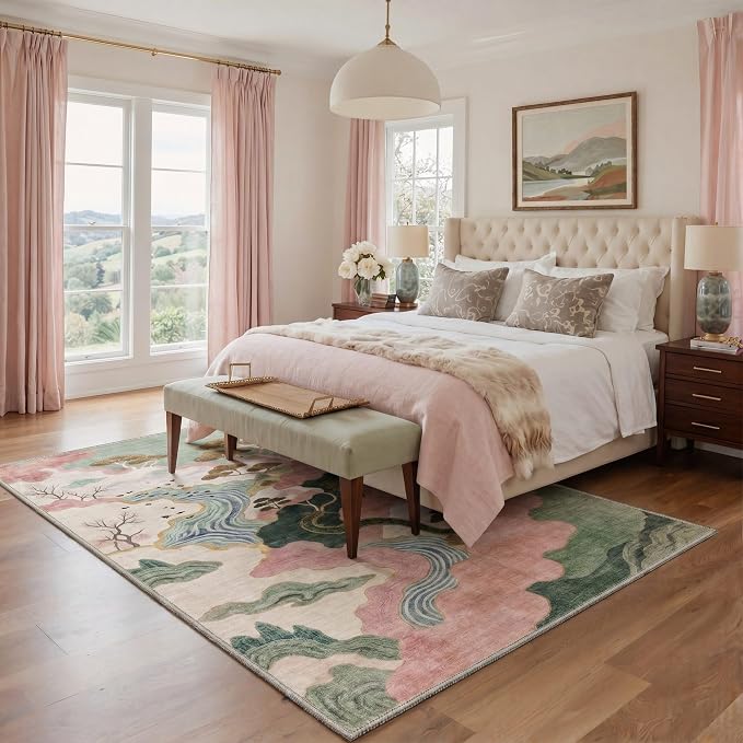 BEIMO Area Rugs 5x7 for Living Room Bedroom, Modern Abstract Machine Washable Rug, Large Soft Low Pile Floor Carpet with Non Slip Backing for Dining Room, Sage Pink