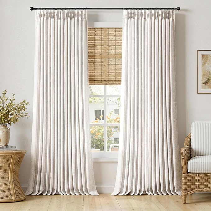 MIULEE Pinch Pleated Thick Linen Curtains 105 Inches Long 2 Panels for Living Room Bedroom, Pinch Pleat Drapes Back Tab Light Filtering Floor to Ceiling Semi Sheer Natural Farmhouse Window Curtains