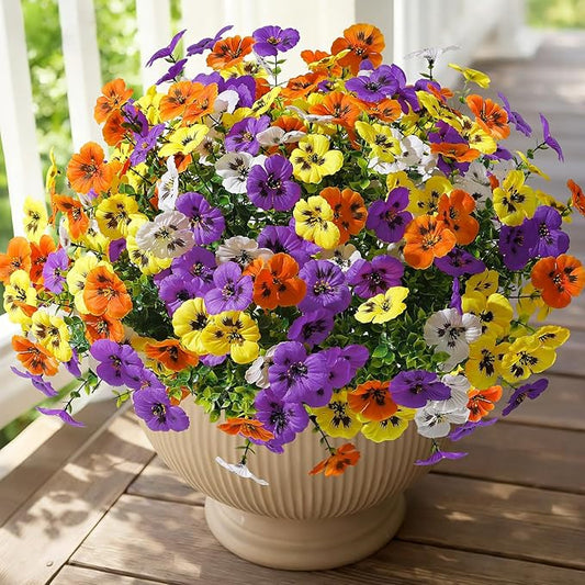 Alupssuc 24 Bundles Artificial Flowers for Outdoors, Fake Spring Flowers for Decoration, UV Resistant Realistic Pansies with Eucalyptus Silk Faux Flowers for Porch Yard, Purple Yellow White Orange