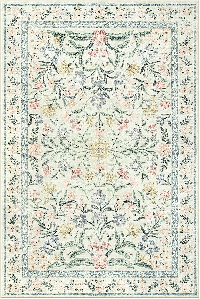Wonnitar Washable 6x9 Area Rugs, Soft Floral Rug for Bedroom Kids Playroom Light Colored Carpet, Non Slip Ultra-Thin Indoor Beige Carpet for Living Room Classroom Office