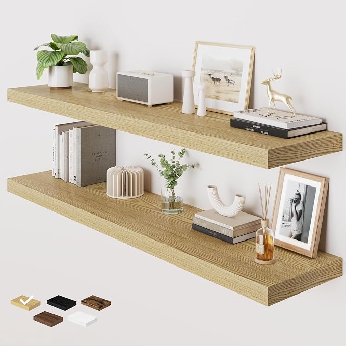 RICHFOCUS 55 Inch 12" D Floating Shelves for Wall 2 Pack Long Wall Shelves for Room Wall|Large Wood Hanging Shelf with Invisible Brackets for Bathroom Bedroom Kitchen Laundry Room, Oak