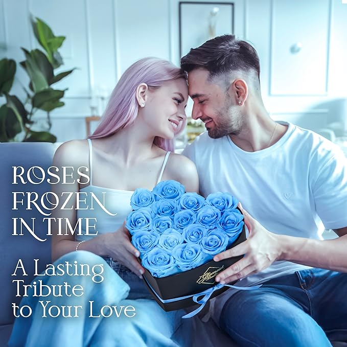 GLAMOUR BOUTIQUE 16 Flower Forever Heart Shape Box, Eternal Preserved Roses Gift for Her, Lasting Flowers, Romantic Floral Keepsake for Birthday, Anniversary or Valentine’s Day, Teal (Color-Treated)