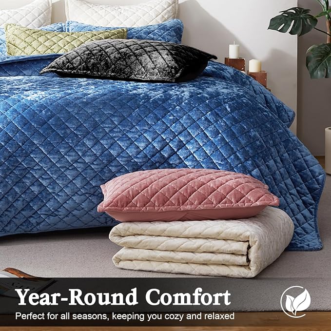 Cosybay Luxury Velvet Quilt Set Queen, Lightweight Oversized Bedspread Coverlet Quilted Box Stitch Bedding Set, with 2 Matching Pillow Shams, for All Season, Black
