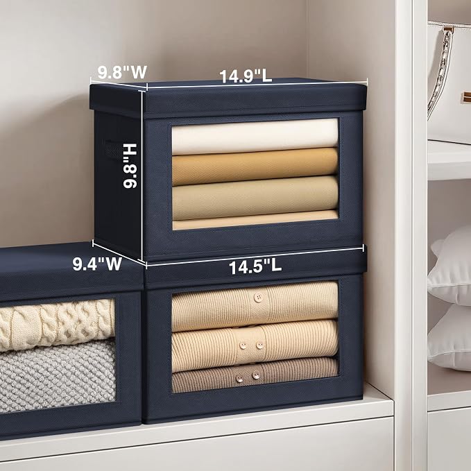 Homsorout Foldable Storage Boxes with Clear Window - Clothes Organizers and Storage, Decorative Bins with Lid, Fabric Storage Cube, Storage Baskets for shelves, Yarn, Home, Navy blue, 3 Pack