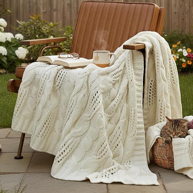 Amélie Home Chunky Knit Throw Blanket, Dual-Sided Soft Chenille Breathable Cable Knitted Blanket for Couch, Farmhouse Decorative Throw for Sofa & Chair, 50"x60", Ivory