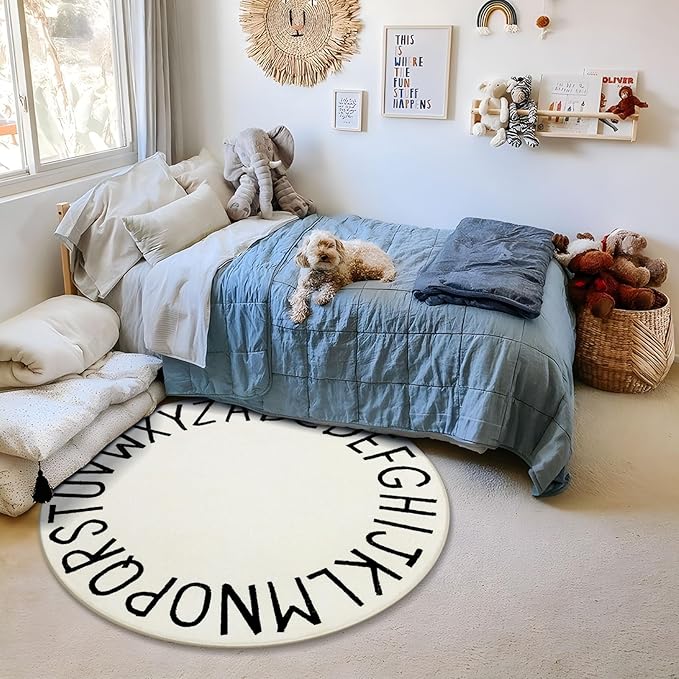 Topotdor Round Kids Play Rug Alphabet Nursery Area Rug Extra Large Soft Crawling Play Mat for Children Toddlers Bedroom (96 inch, White)