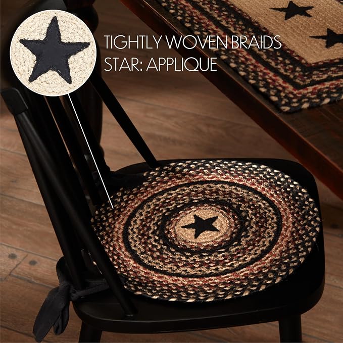 VHC Brands Colonial Star Round Seat Cushion Chair Pad, Tan Black Red, Jute Blend with Ties, Set of 6, 15x15 Inches
