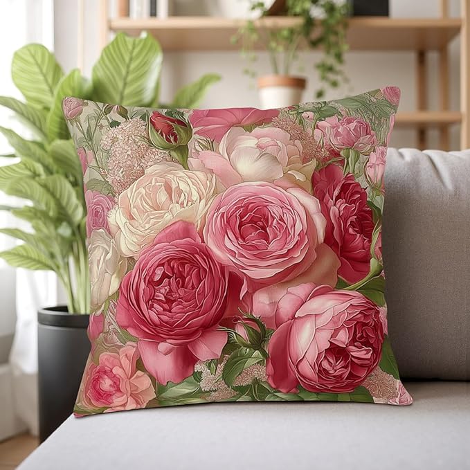 Rose Flower Throw Pillow Covers Shabby Chic Floral Pillow Covers 16x16 Set of 2 Rustic Rose Farmhouse Pillow Cases Vintage Spring Summer Cushion Case for Porch Patio Garden