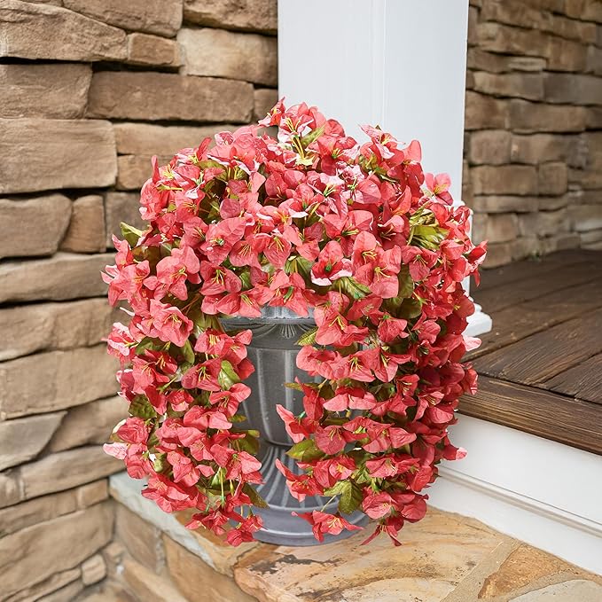 HyeFlora Bougainvillea Artificial Hanging Flowers Plants for Outdoors Decoration, 2pcs Faux Bougainvillea Vines Red Fake Flowers Realistic UV Resistant Silk Flowers for Outside Planter Yard Urn Patio