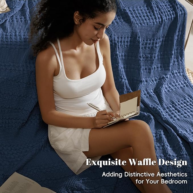 PHF 100% Cotton Waffle Blanket Queen Size for Bed, Lightweight Breathable and Soft for Summer, Luxury Aesthetic Waffle Weave Blanket for Home Decor & Gifts for Women, 90"x90", Blue Sapphire