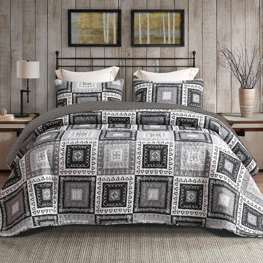 Exclusivo Mezcla Reversible Boho Quilt Set Queen Size, 3 Pieces Patchwork Black All Season Bedspreads, Ultra Soft Floral Coverlet Bedding Set with Printed Pattern (1 Quilt, 2 Pillow Shams)