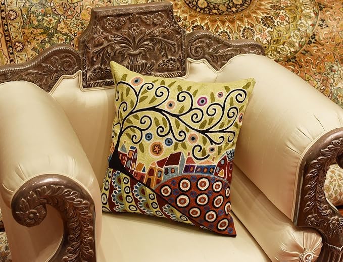 Yellow Tree of Life Throw Pillow Cover Karla Gerard Floral Pillowcase Gold Flower Pillowsham Plant Flower Chair Cushion Flowers Couch Hand Embroidered Wool Size 18x18