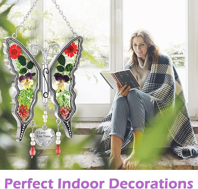 KY&BOSAM Gifts for Nana Butterfly Suncatcher I Love You Nana Stained Glass Window Hanging Wind Chime Ornament with Pressed Dried Flowers and Heart Charm for Mothers Day Birthday Valentines Christmas