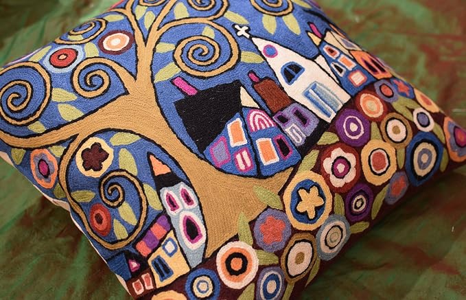 Blue Gray Tree of Life Accent Pillow Cover Karla Gerard Floral Pillowcase Village Church Floral Chair Cushion Farmhouse Pillowsham Hand Embroidered Wool Size 18x18