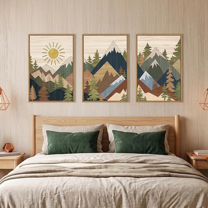 BICERE Large Abstract Mountain Woodcut Framed Canvas Wall Art,Vintage Pine Tree Wall Decor,Rustic Nature Forest Painting,Neutral Artwork for Living Room,Bedroom,Dining Room,Farmhouse -16"x24"x3