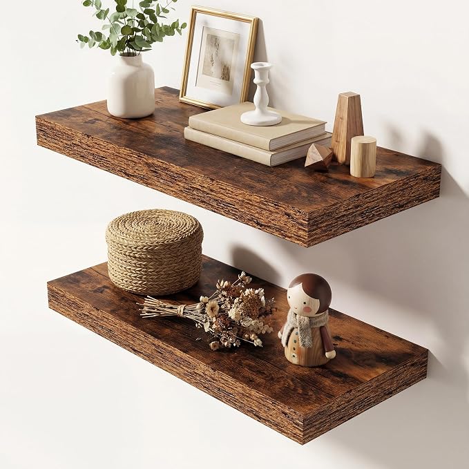 Dreamland 20 Inches Floating Shelves for Wall,9.3" Deep Long Floating Shelves Set of 2,Large Display & Storage Shelf,Wall Shelf for Bathroom Bedroom Living Room Kitchen Office,Rustic Brown