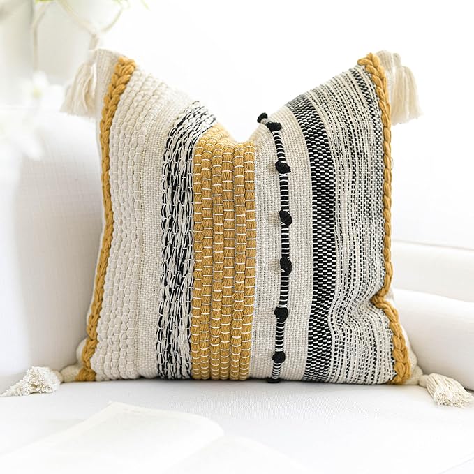 BlissBlush Yellow Mustard Decorative Throw Pillow Cover 18x18 Square Boho Accent Pillowcase Tassels Farmhouse Cushion for Couch Sofa Bedroom Living Room Home Décor Cover ONLY