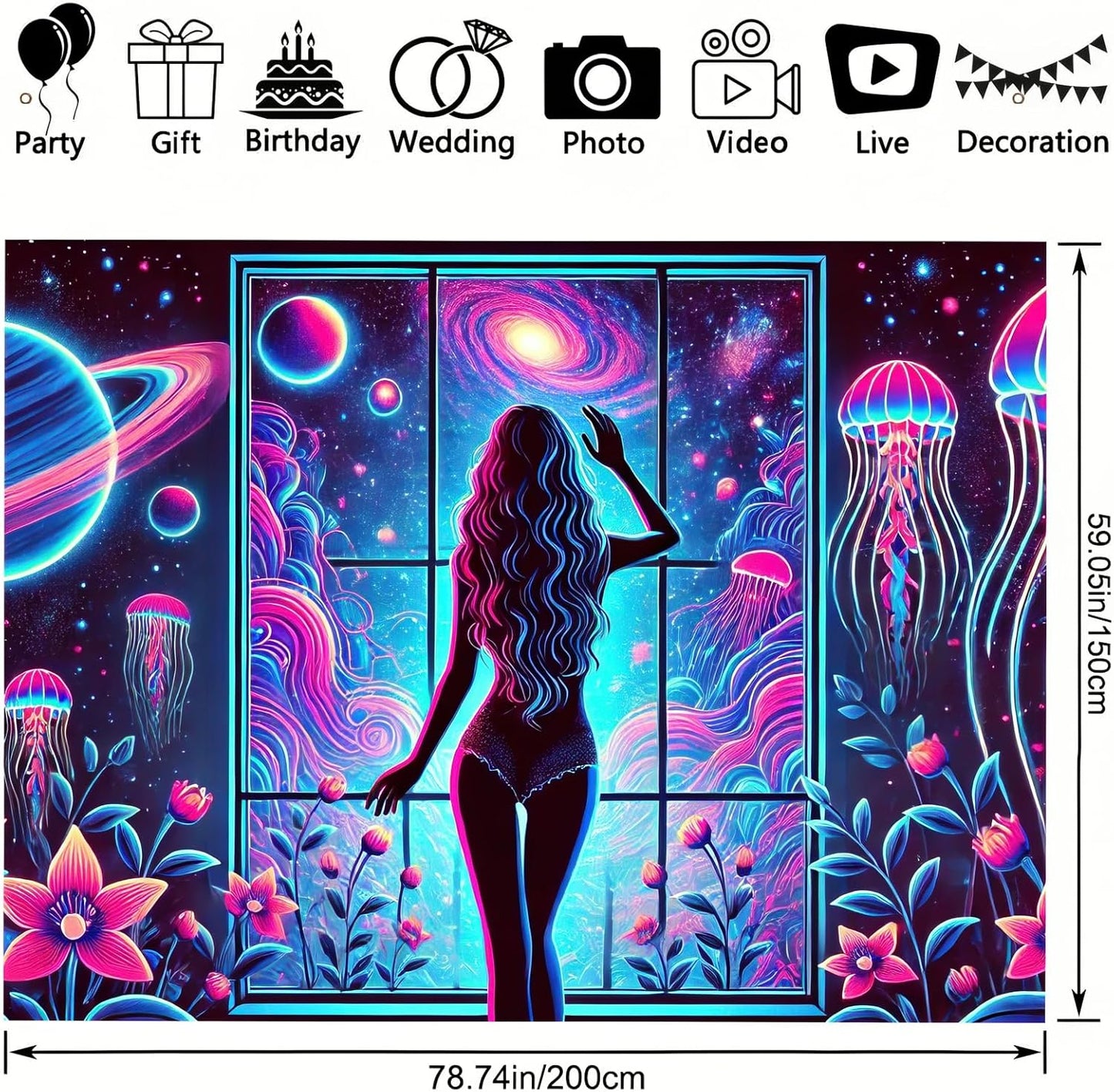 BlissYard Blacklight Tapestry Girl UV Reactive Tapestry 78x59 Inch Black Light Jellyfish Galaxy Planet Decoration Glowing Large Neon Wall Hanging for Living Room Bedroom Decor Teens