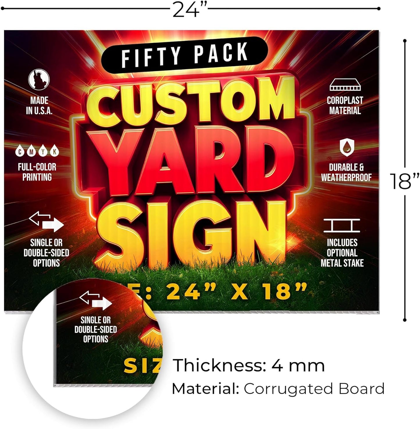 50 Pack 24"x18" Custom Yard Signs with Stakes, Personalized Yard Signs for Outdoors, Customized Full Color Print Corrugated Signs for Business