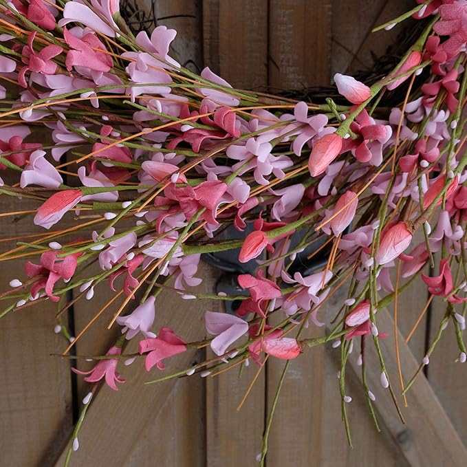 Bibelot 18inch Artificial Forsythia Flower Wreath, All Year Around Wreath for Front Door, Wedding Window Home Wall Indoor Front Door Decor (Pink, 18in)