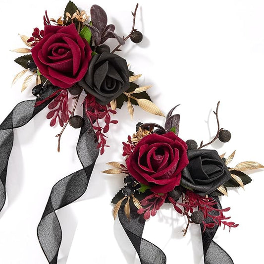 Alecono Set of 2 Wrist Corsage for Wedding, Burgundy and Black Corsages for Bride Bridesmaid, Artificial Flowers for Prom Graduation Ceremony Anniversary