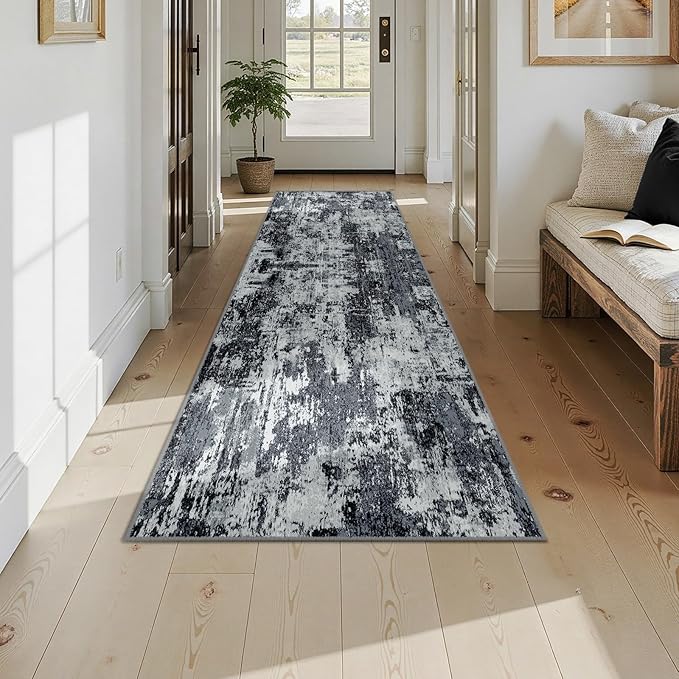 RELEANY Washable Area Rugs 2'6''x10 Non-Slip Modern Abstract Soft for Living Room Entryway Bedroom Nursery, Print Pattern, Black Navy Blue Gray