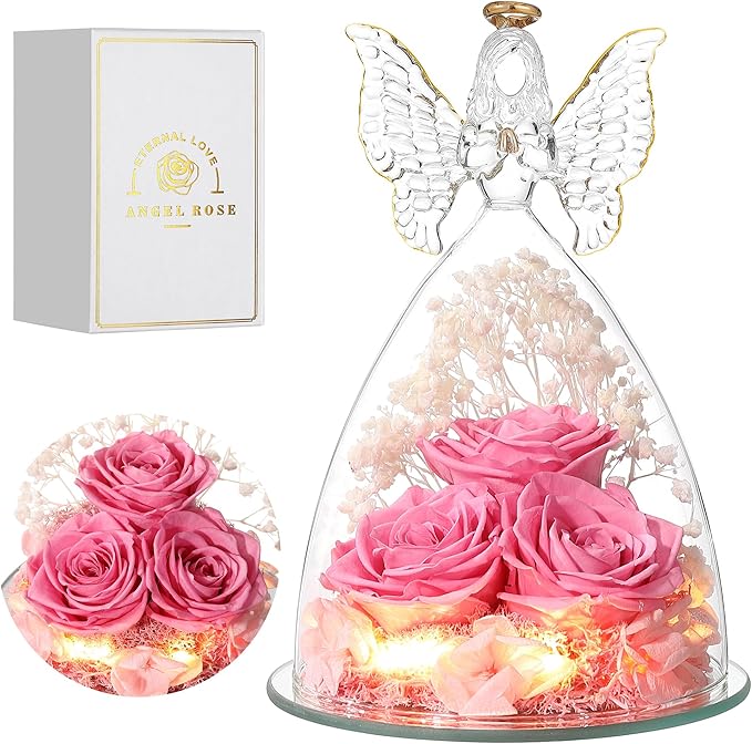 Mothers Day Rose Gifts for Women Preserved Real Flower in Glass Angel Figurines Roses for Delivery Prime Birthday Gifts for Mom Grandma Girlfriend Wife Her, Sweet Pink