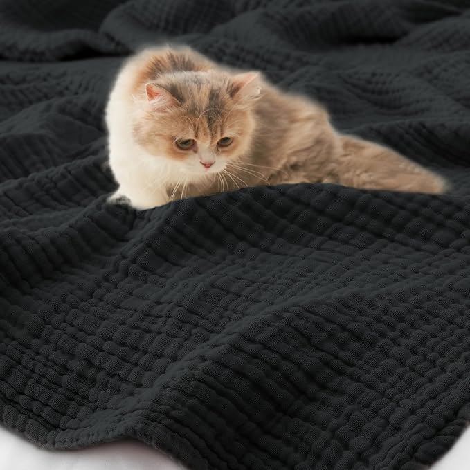 Carriediosa 100% Cotton Muslin Throw Blanket 90" X 90" Queen Size，4-Layers Summer Gauze Throws for Bed Couch，Soft Lightweight Breathable Linen Blankets Bedspread for Adults All Season，Black