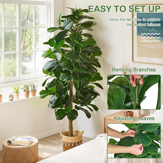 VECELO 6FT Artificial Fiddle Leaf Fig Tree Indoor Outdoor Decor | 71 Inch Tall Fake Floor Plant, 150 Realistic Leaves, Silk Ficus Lyrata in Plastic Pot, Low Maintenance Indoor Corner Decor