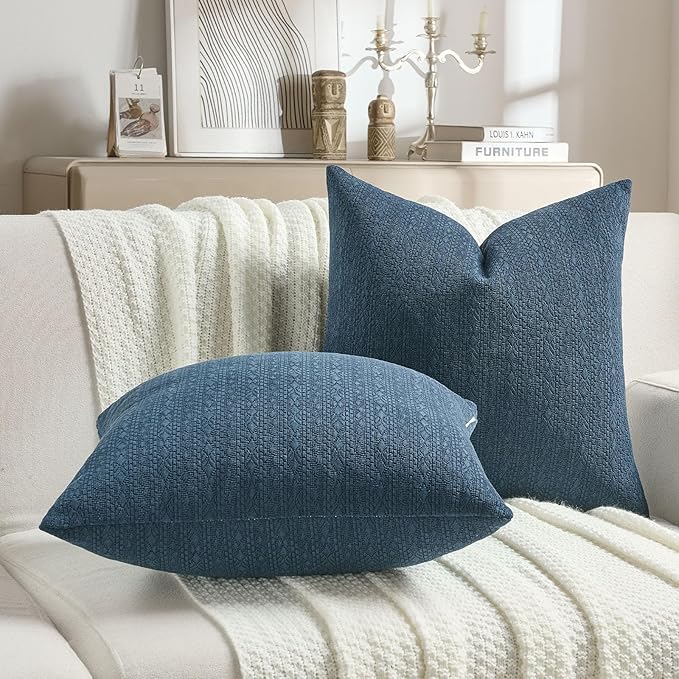 FUTEI Navy Blue Chenille Throw Pillow Covers 26x26 Inch Set of 2,Soft Striped & Diamond Textured Euro Pillow Shams,Modern Home Decor for Couch Living Room