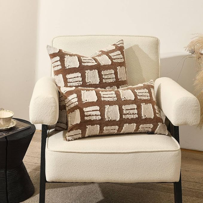 Decorative Boho Body Pillow Cover 14x24, Brown White Abstract Grid Lumbar Pillow Covers, Farmhouse Pillows Cushion Cover for Bed Sofa Bedroom Living Room